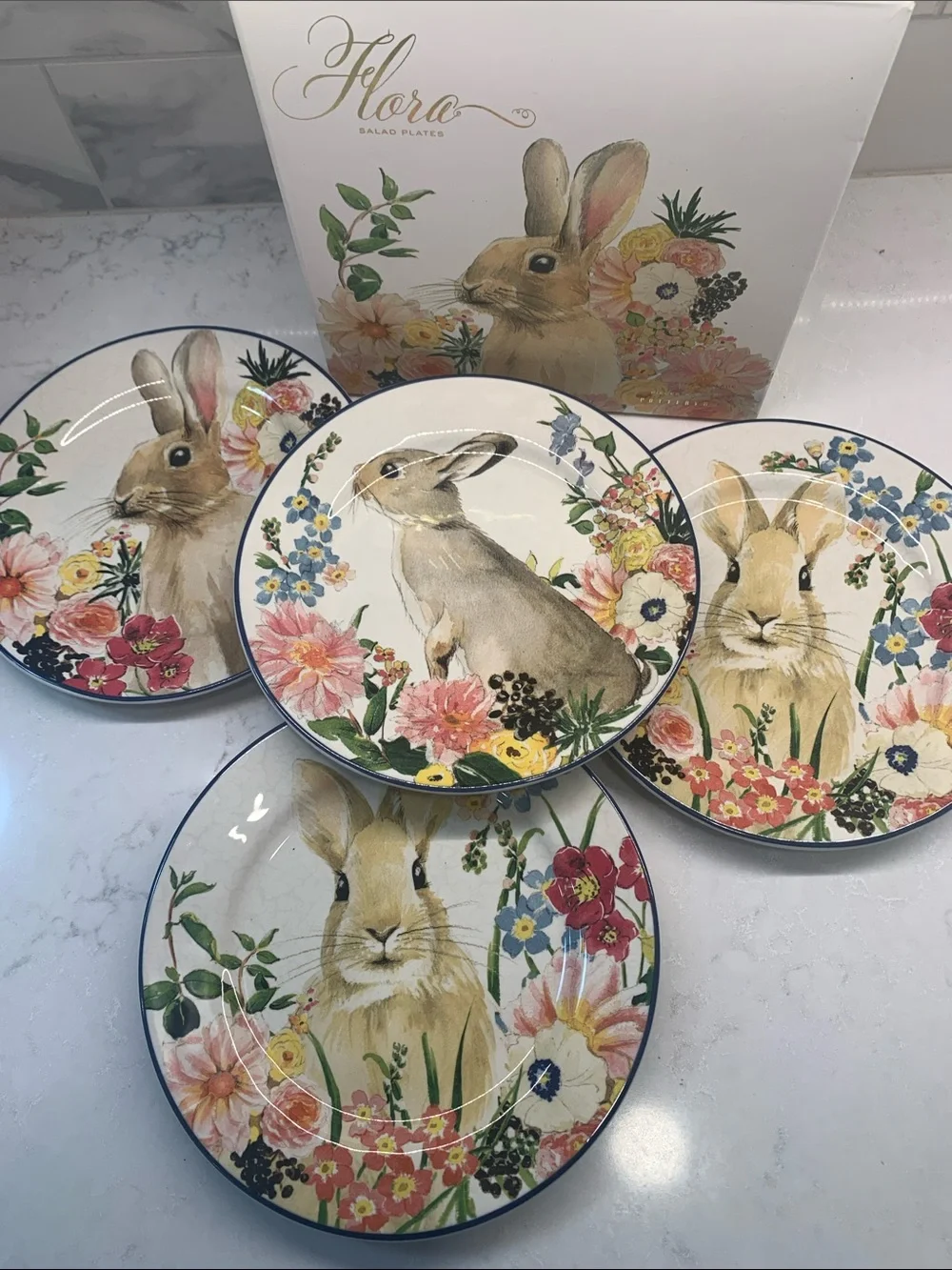 NEW Flora Pottery Barn Easter Rabbit Bunny Floral Salad 8” Plates Set of 4
